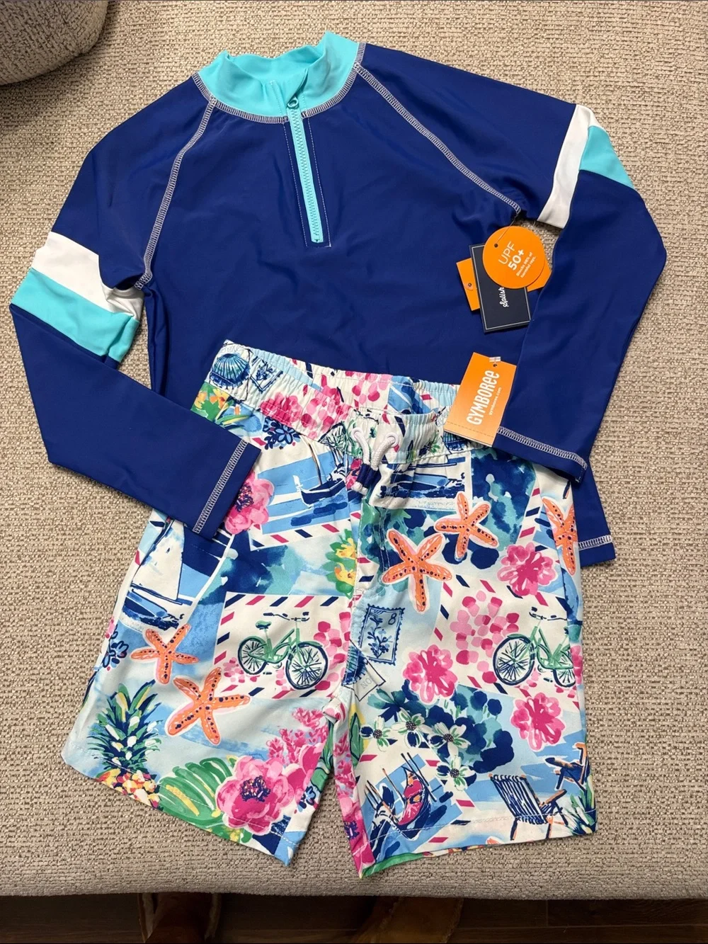 Gymboree Royal Blue Aqua & White Kids Rash Guard Set Floral Starfish Boardshorts
